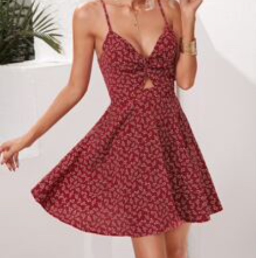 Red Sun dress with small white flowers